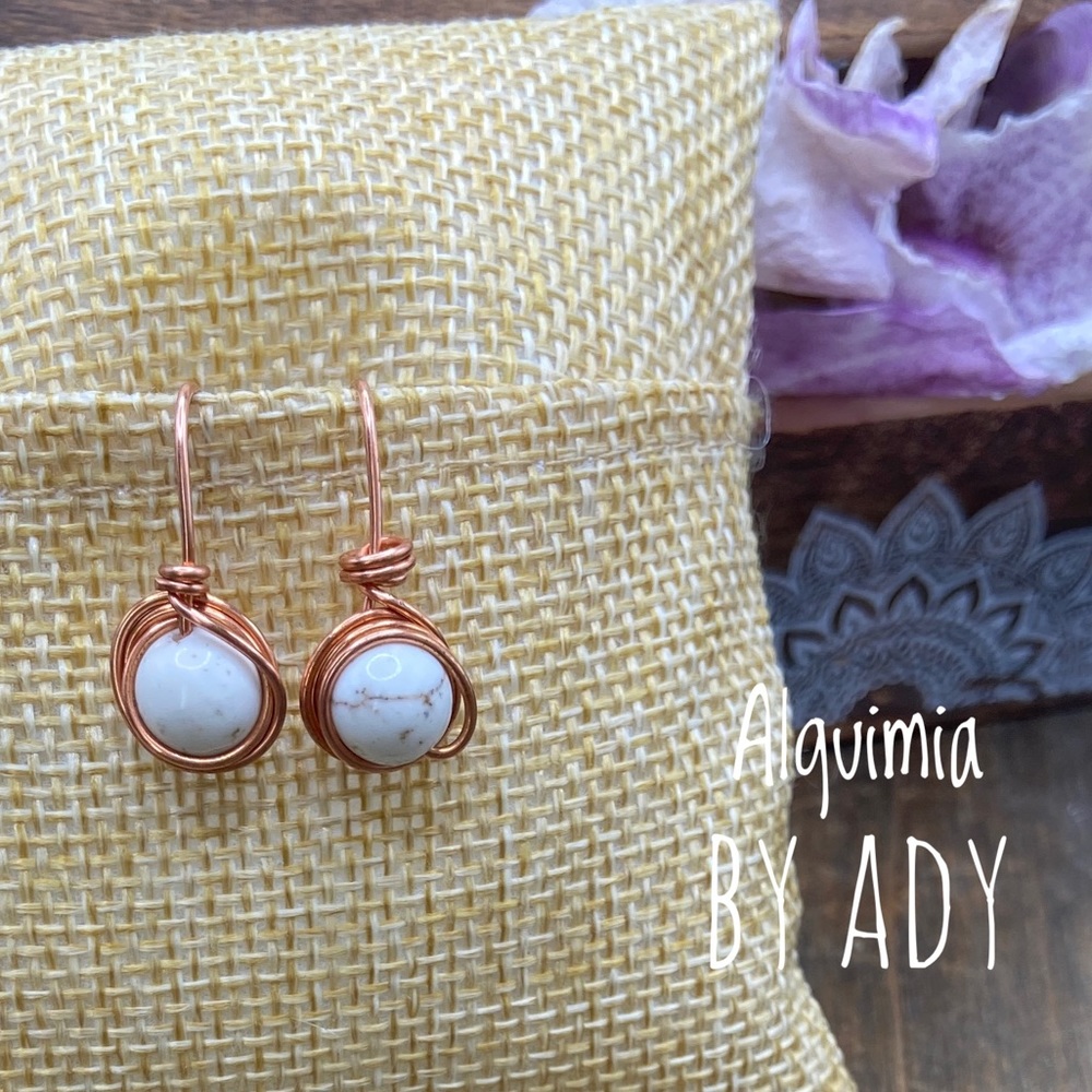 White howlite wire wrap copper studs earrings